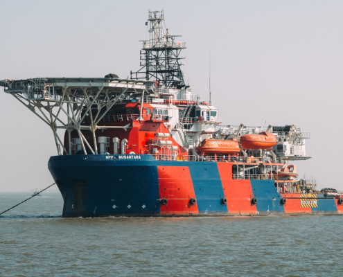 Mumbai, India - February 11, 2024: Nusantara is an 80m, DP2 subsea support vessel with diesel electric propulsion, built in 15 man saturation diving system, 3 man diving bell, 50T man riding AHC crane, helideck and 700m2 of clear deck area. The vessel will be fitted with 2 work class ROV s that will remain onboard for the duration of the charter.