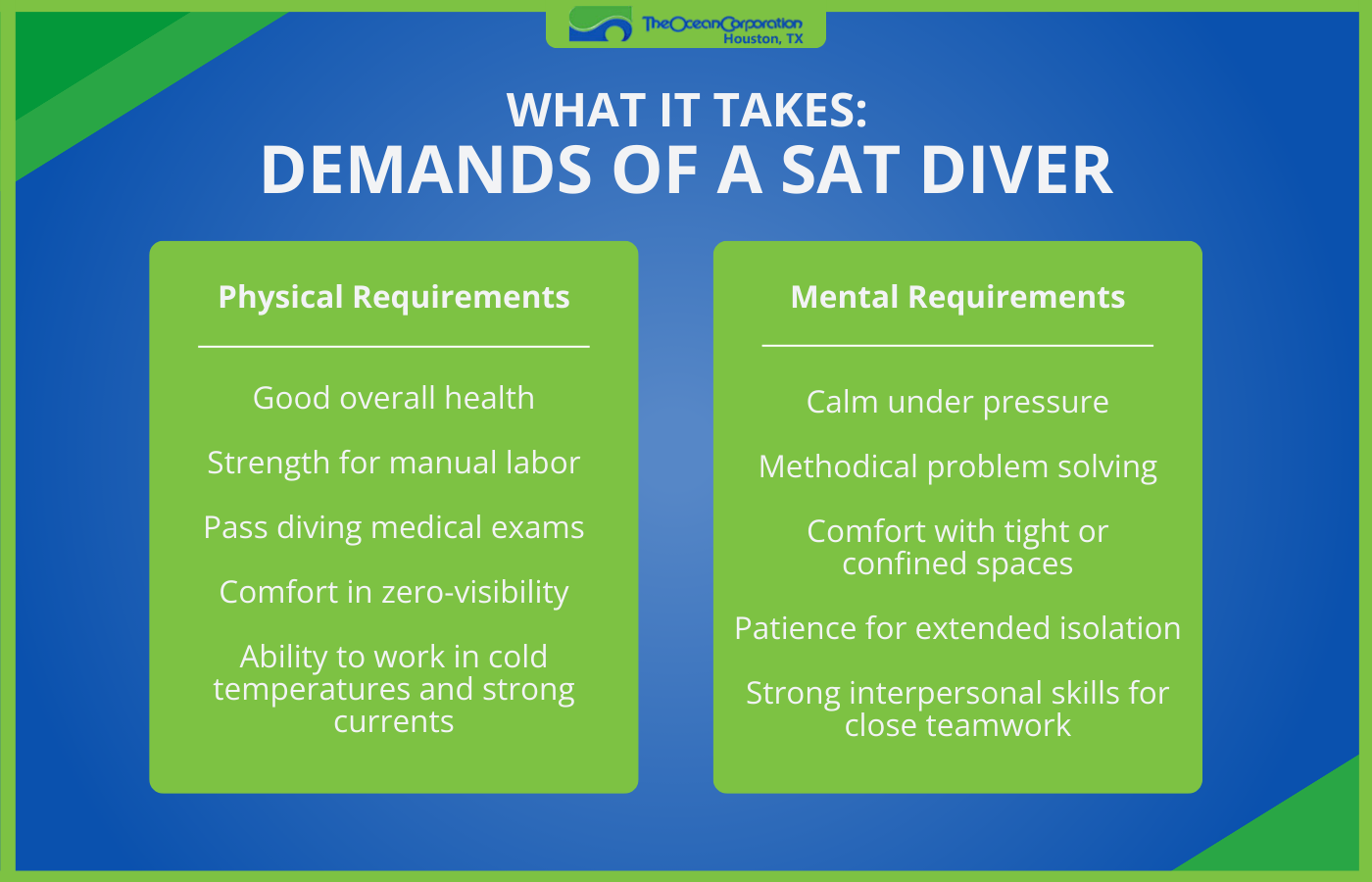 Infographic showing the physical and mental demands of being a saturation diver.