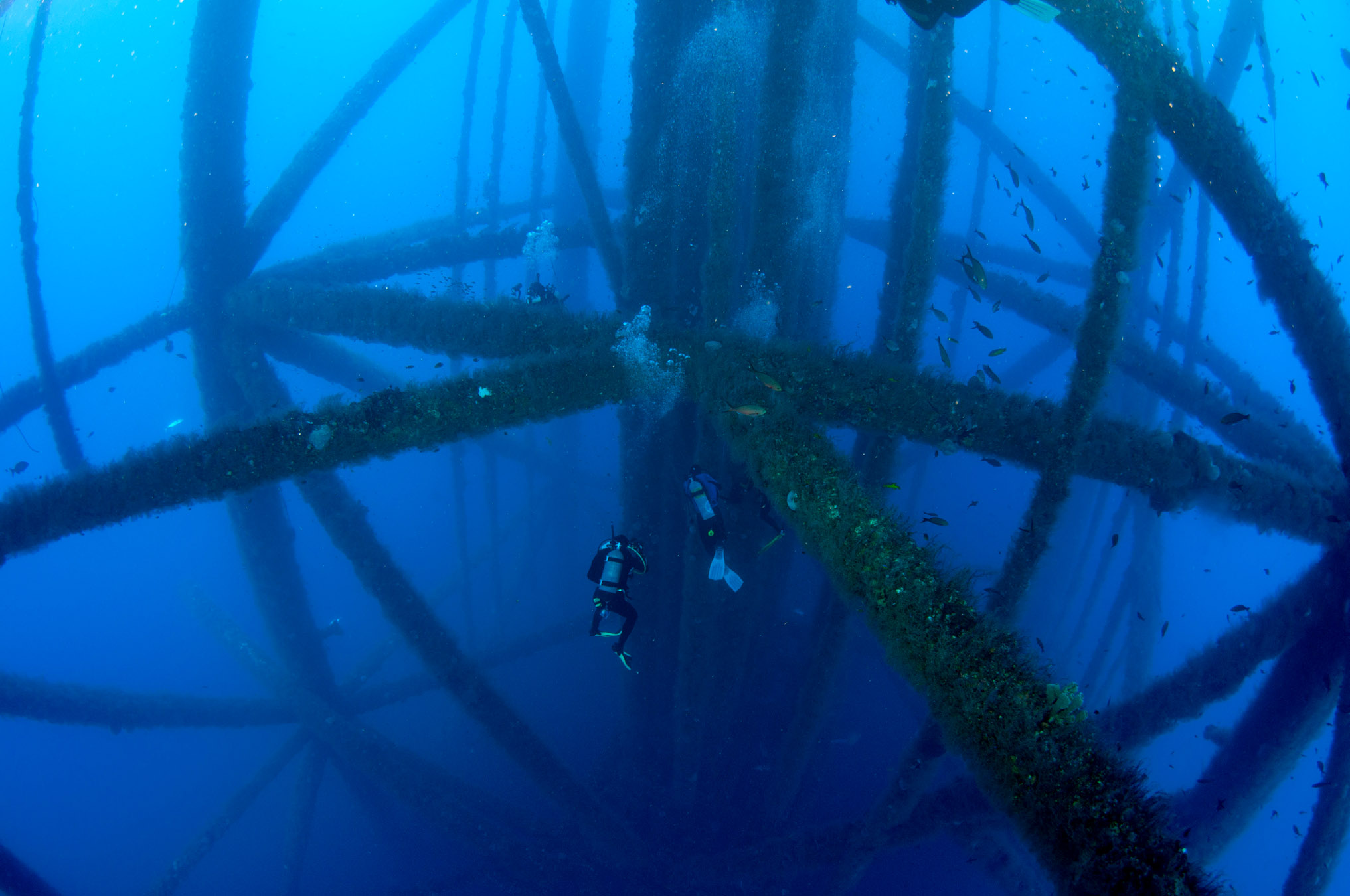 Underwater shot of pipes commercial divers work on