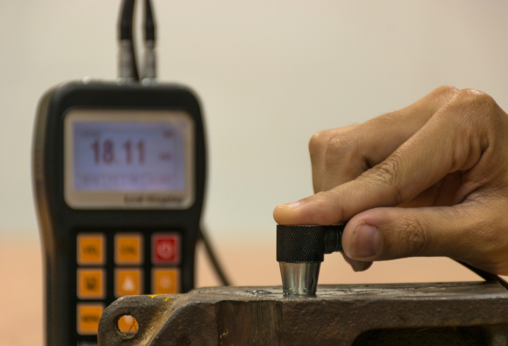 Inspection thickness cast iron by ultrasonic thickness test for found internal defect. UTM