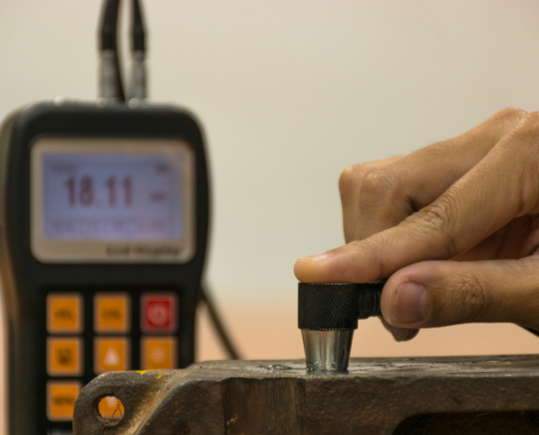 Inspection thickness cast iron by ultrasonic thickness test for found internal defect. UTM