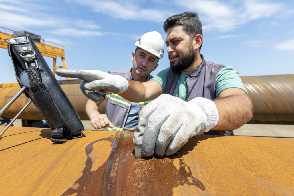 Technicians wearing safety gear performing a non destructive testing inspection on industrial equipment with a corrosion testing tool.