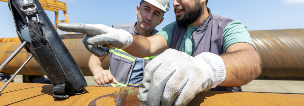 Technicians wearing safety gear performing a non destructive testing inspection on industrial equipment with a corrosion testing tool.